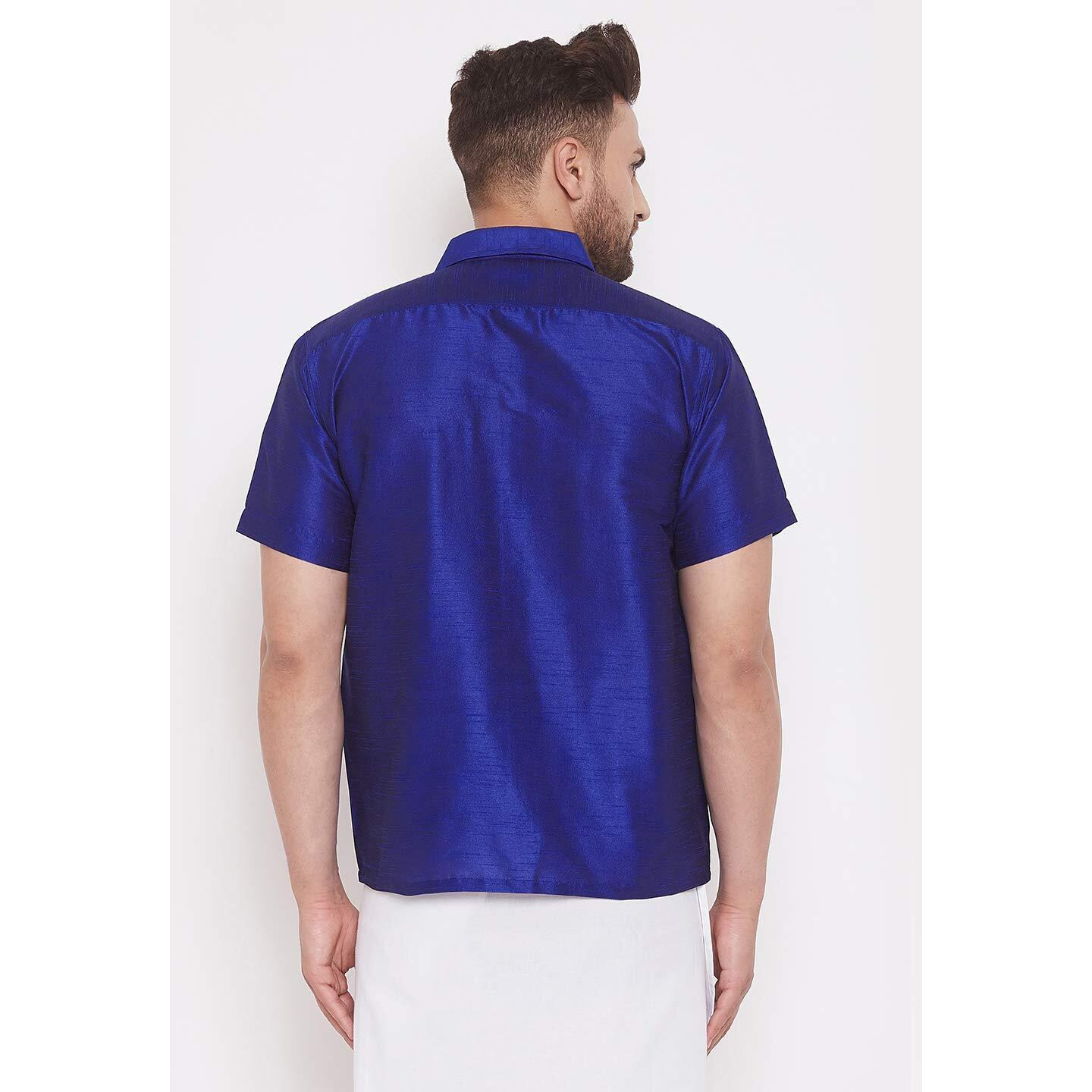 VASTRAMAY Men Cotton Silk Ethnic Shirt (Royal Blue_VASMSHBU001_38)