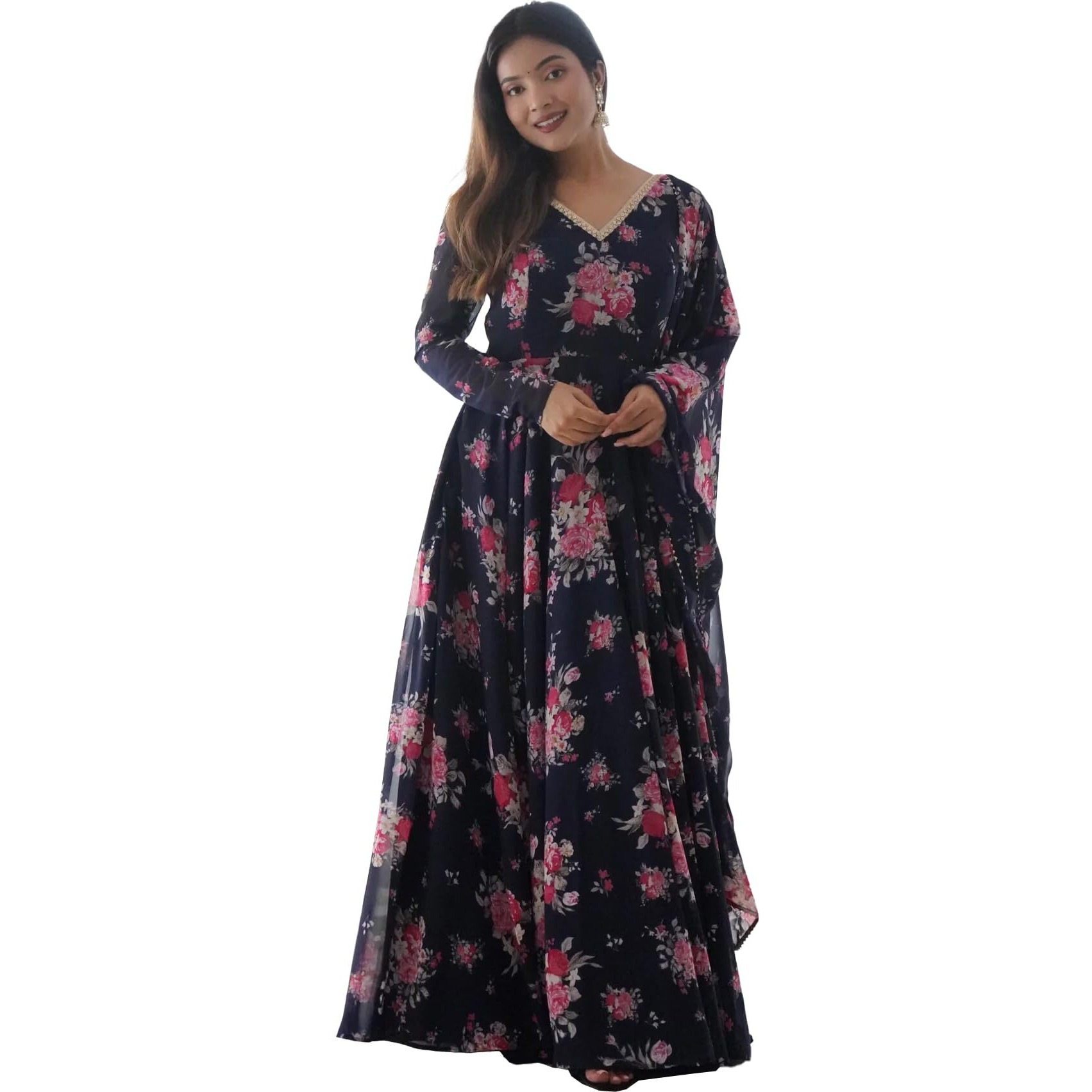 Women Floral Print Anarkali Kurta with Pant and Duptta (Medium, Navy)