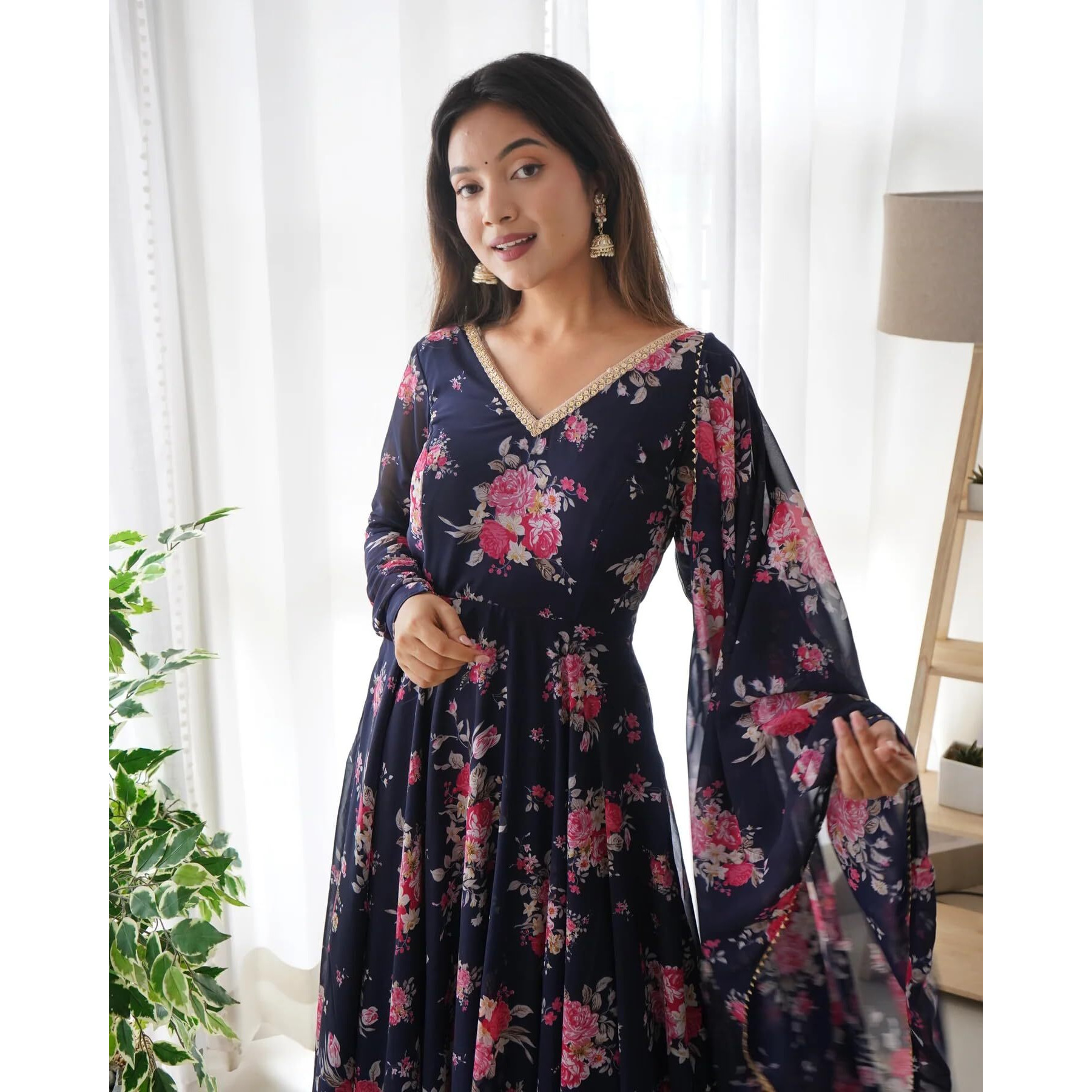 Women Floral Print Anarkali Kurta with Pant and Duptta (Medium, Navy)