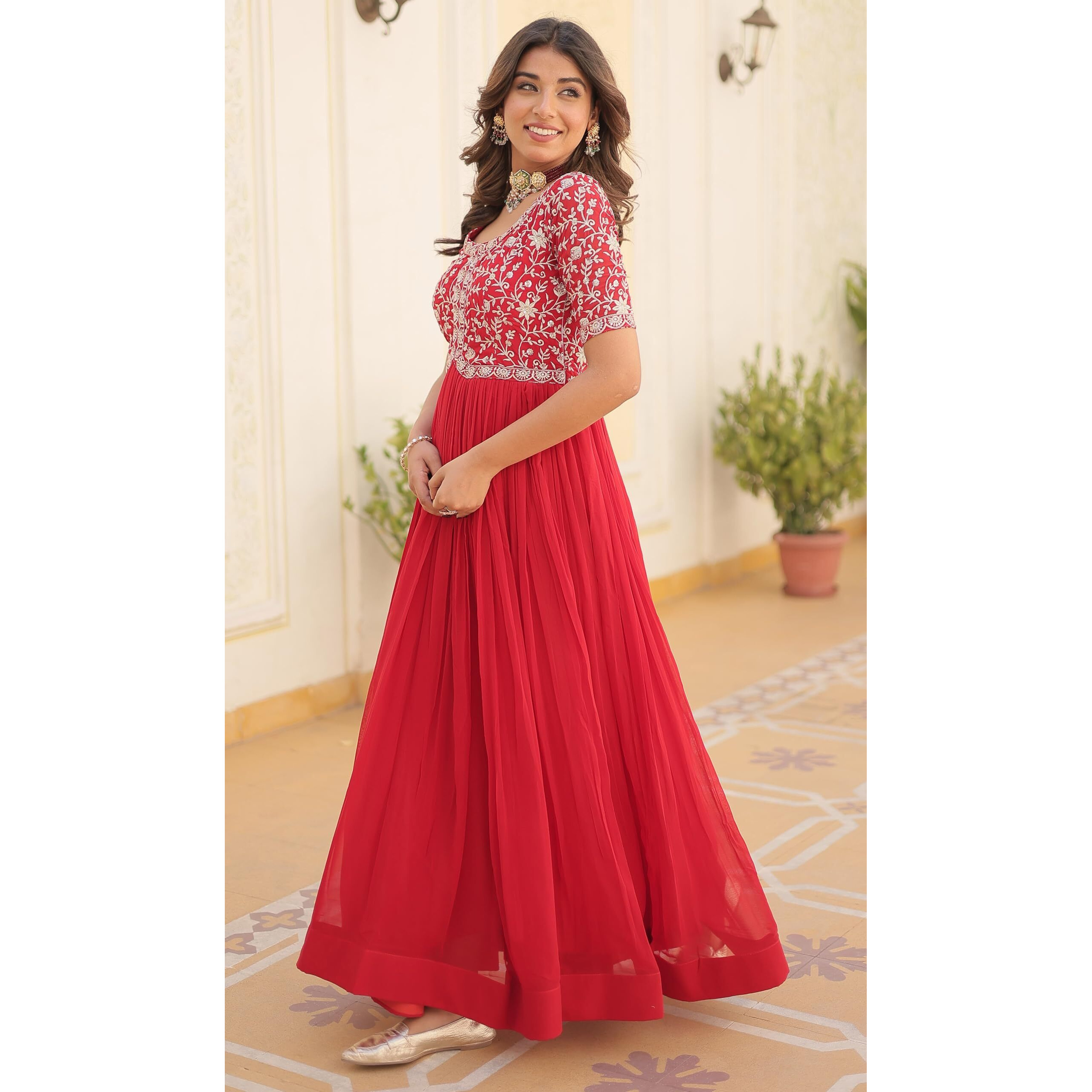 Wedani Georgette Anarkali Gown with Embroidered Top for Women (in, Alpha, M, Regular, RED)