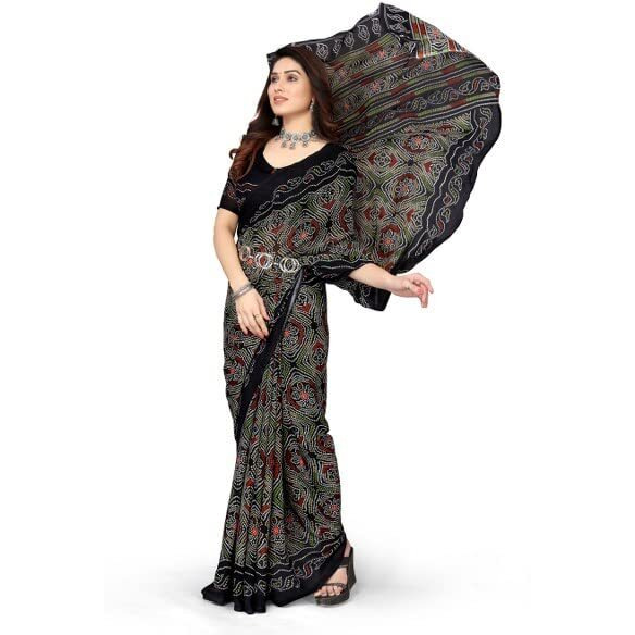 Yashika Womens Georgette Printed Saree With Blouse Piece(AAYUSHI BLACK_N_Free Size)