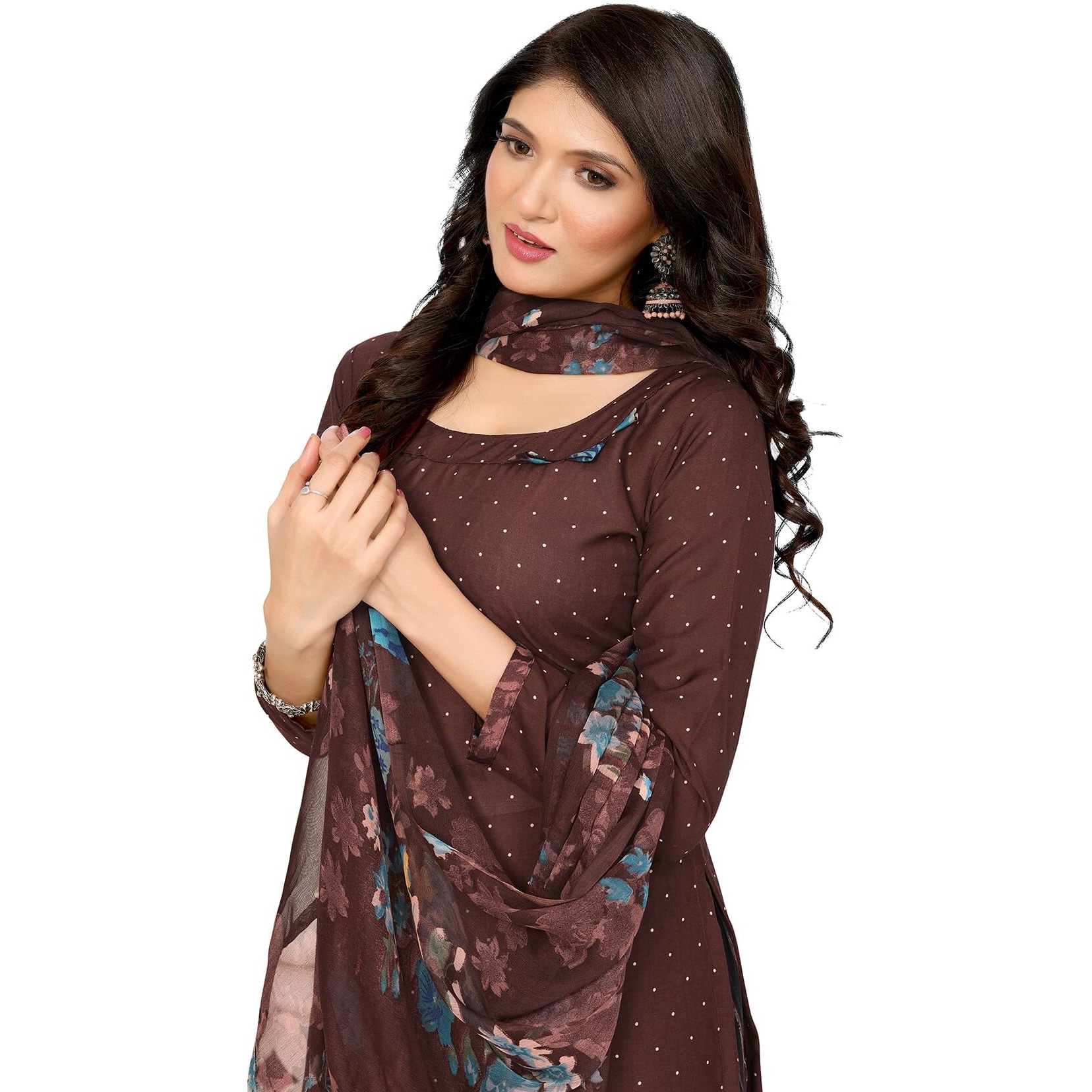 Yashika Women's Printed Dress Material - Unstitched Crepe Fabric Kurti, Pants & Dupatta Set (AZ-YS-P4-COFFEE FLOWER)