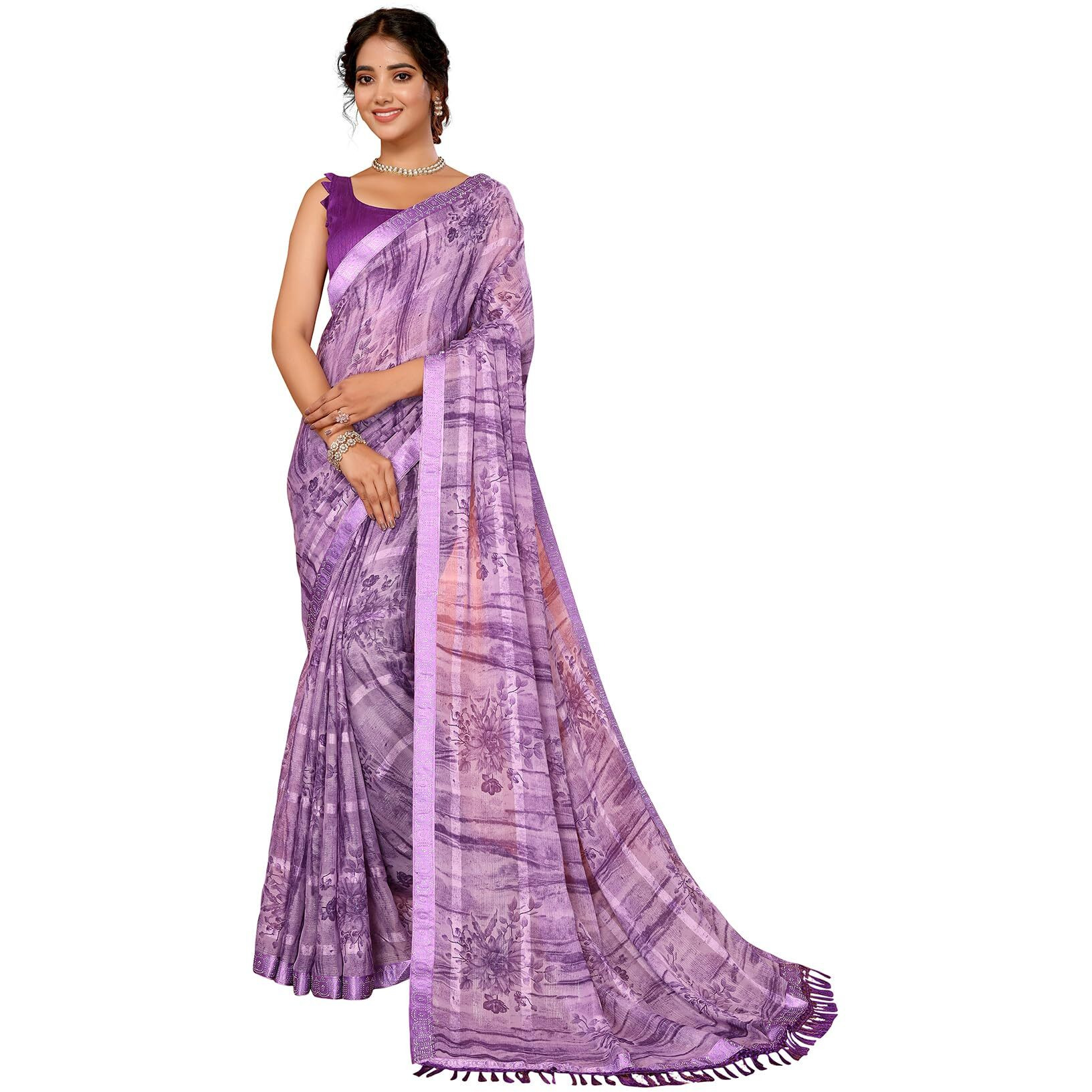 Yashika Women's Weightless Georgette Satin Printed Hot Fix Swarovski Lace with Tassels Unstitched Blouse Material Saree (AZ-YS-P1-REHANA-Parent_Violet)