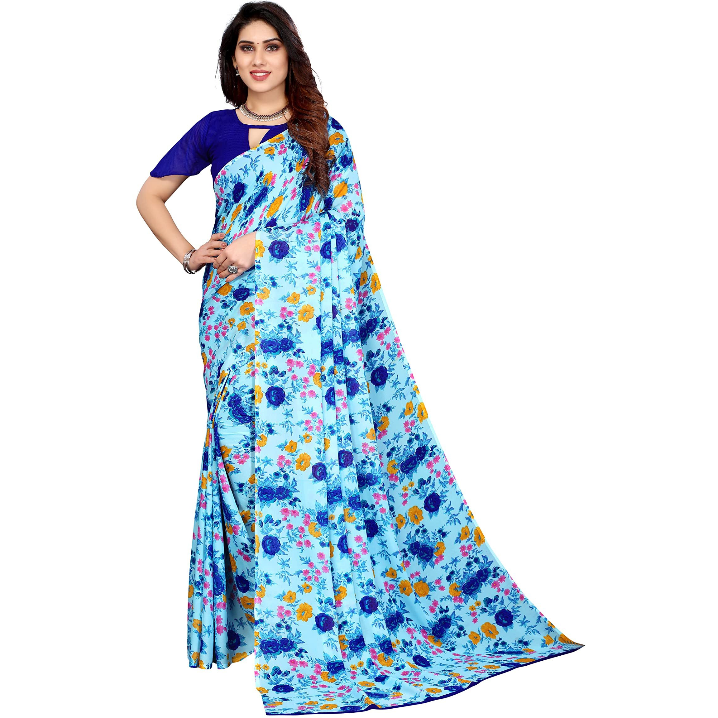 Yashika Womens Printed Georgette Saree With Blouse Piece(MULTI BLUE_Free Size)