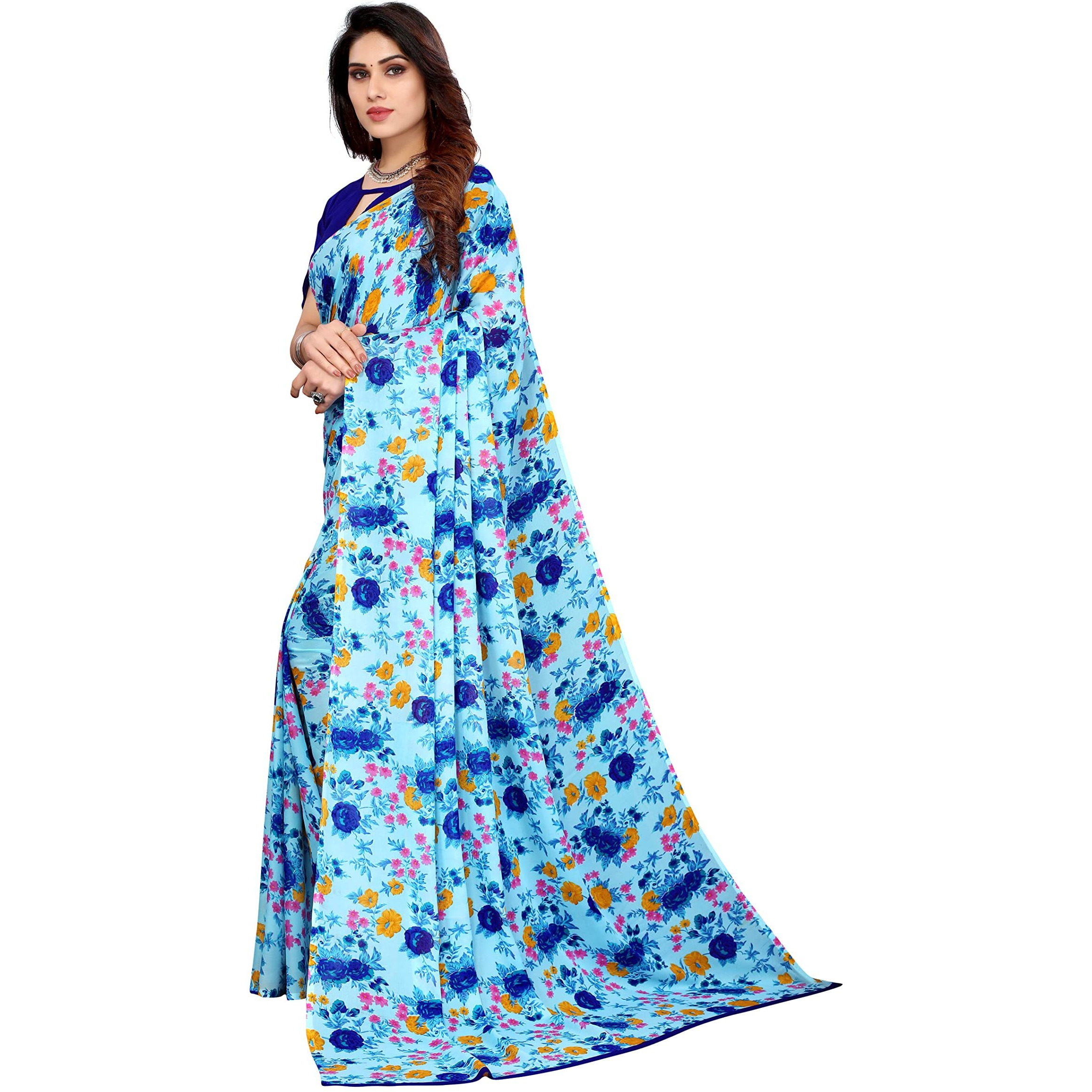Yashika Womens Printed Georgette Saree With Blouse Piece(MULTI BLUE_Free Size)