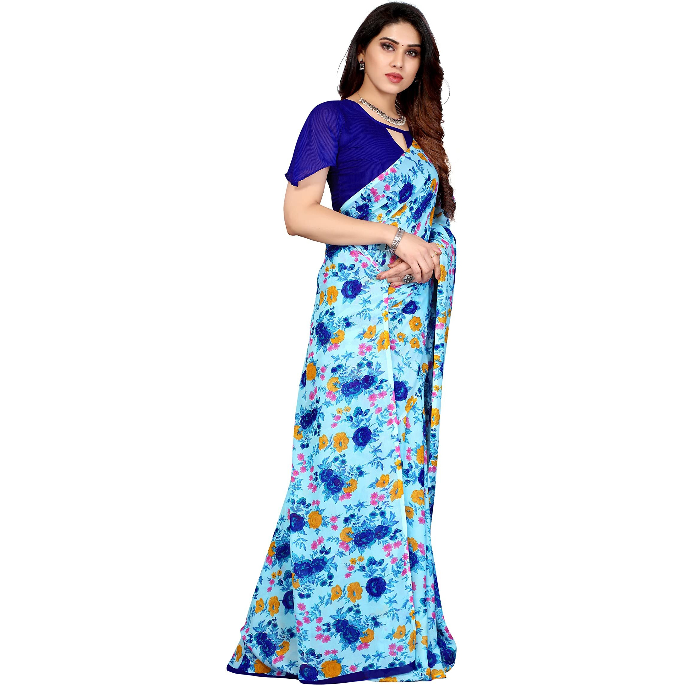 Yashika Womens Printed Georgette Saree With Blouse Piece(MULTI BLUE_Free Size)