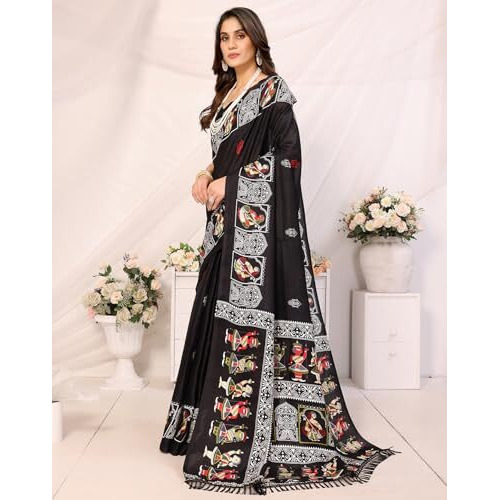 Yashika Women's Woven Latest Art Silk and Tassels Saree with Unstitched Blouse Material (AZ-YS-P1-NAFIZA-Parent_Black)
