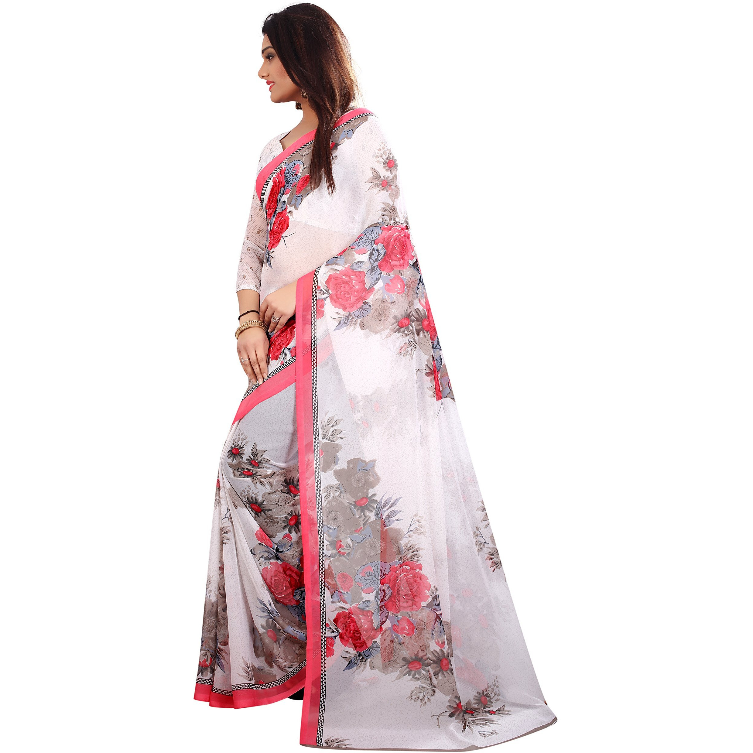 Yashika Women's Georgette Saree With Blouse (SDPL-APSARA WHITE_White_Free Size_Multicolor)