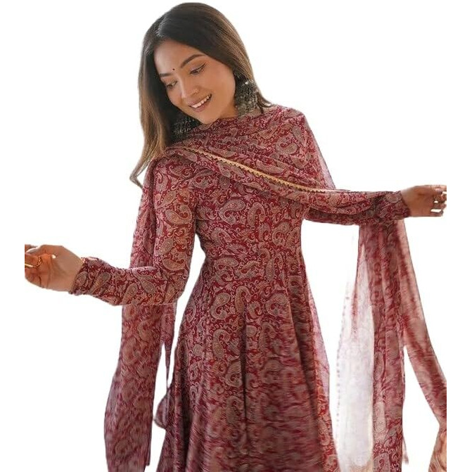 Yashika Women's Floral Regular Exquisite Georgette Printed Kurti with Elegant Dupatta-Perfect Ensemble for Festivals & Celebrations in 2024 (AZ-YS-OG-KS2131-Parent_Maroon_XL)