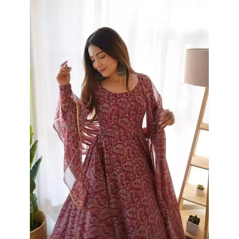 Yashika Women's Floral Regular Exquisite Georgette Printed Kurti with Elegant Dupatta-Perfect Ensemble for Festivals & Celebrations in 2024 (AZ-YS-OG-KS2131-Parent_Maroon_XL)
