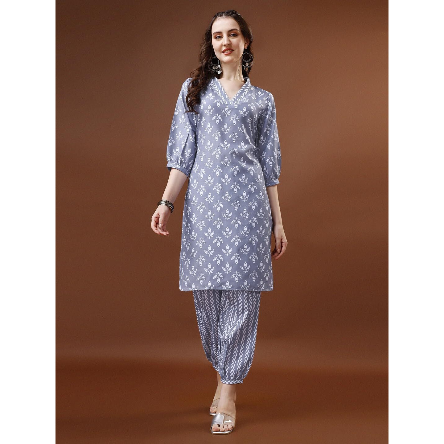 Yashika Women's Printed Cotton Blend Light Grey Color Sraight Kurta Herem Pant Set||AZ-YS-P1-KS2070-XL