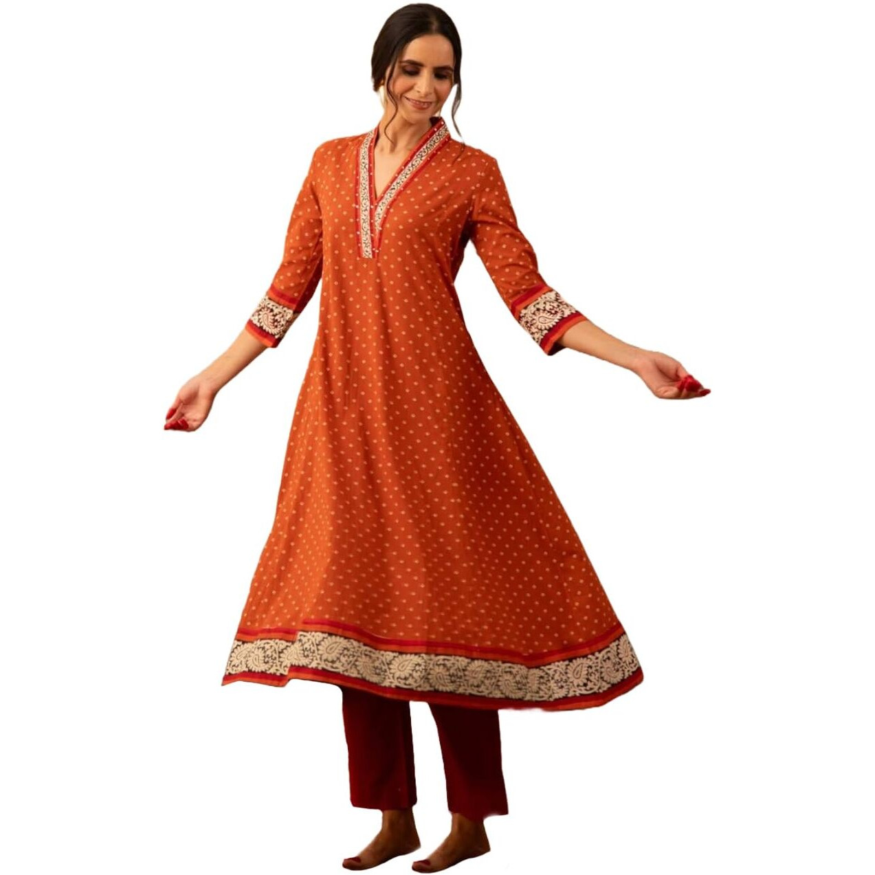 ANNI DESIGNER Women's Rayon Blend Anarkali Printed Kurta with Pant (Karidos Orange_XL_Orange_X-Large)