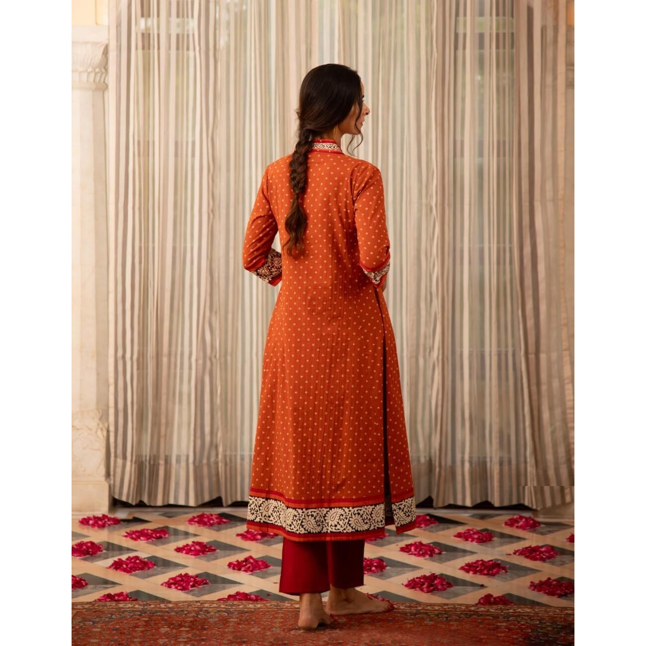 ANNI DESIGNER Women's Rayon Blend Anarkali Printed Kurta with Pant (Karidos Orange_XL_Orange_X-Large)