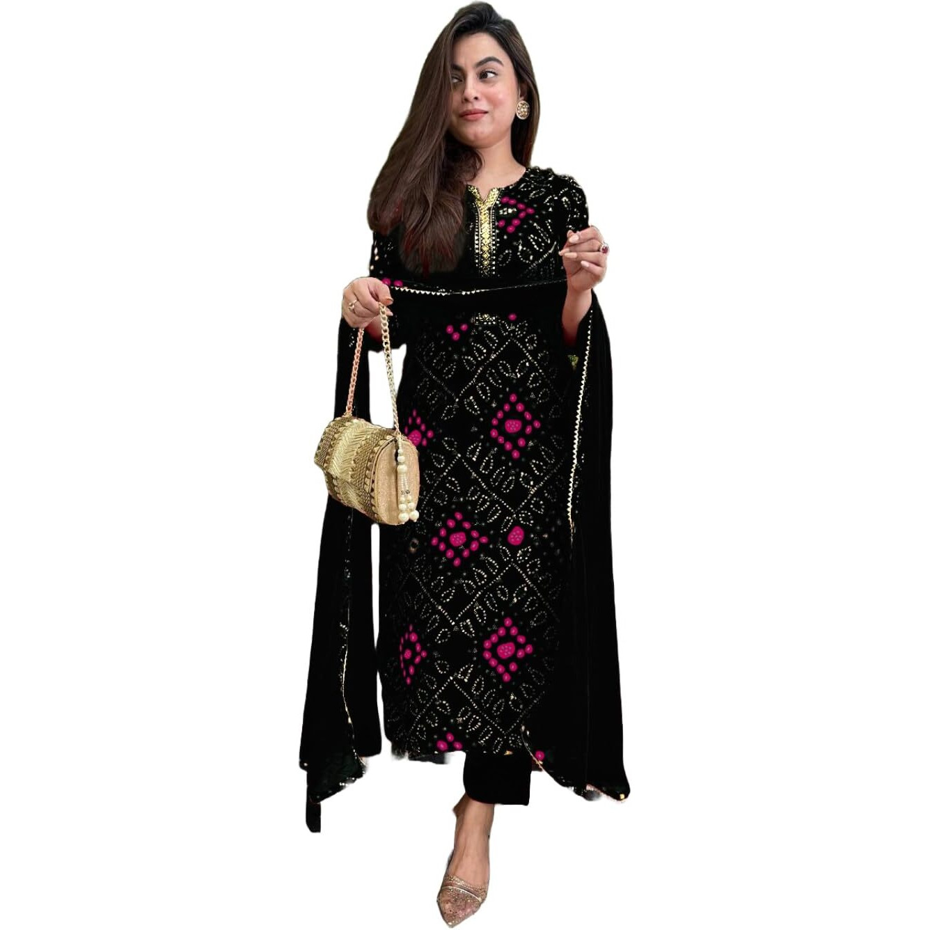 ANNI DESIGNER Women's Rayon Blend Floral Straight Kurta with Pant & Dupatta (TURAE-RED-G8S_Black_Large)