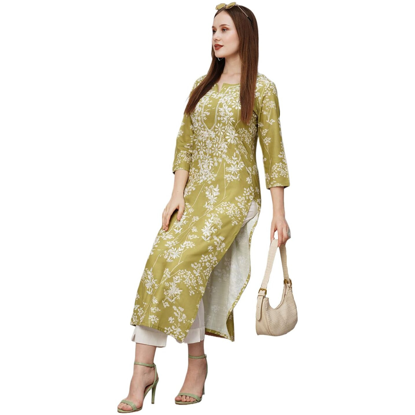 ANNI DESIGNER Women's Cotton Blend Chikankari EmbroideGreen Straight Kurta (Rutika-Mehandi_S_Green_Small)