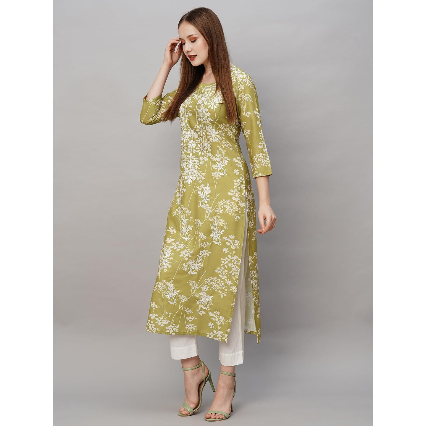 ANNI DESIGNER Women's Cotton Blend Chikankari EmbroideGreen Straight Kurta (Rutika-Mehandi_S_Green_Small)