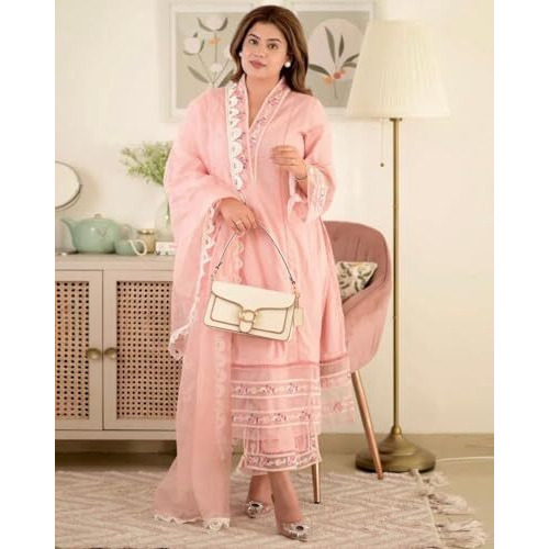ANNI DESIGNER Women's Cotton Blend Embroidered Straight Kurta with Pant & Dupatta (Arora Pink_L_Pink_Large)