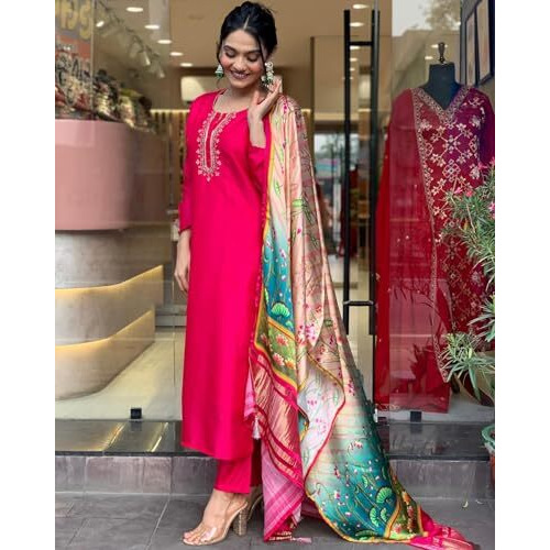 ANNI DESIGNER Women's Rayon Blend Embroidered Straight Kurta with Pant & Dupatta (OCB Pink_L_Pink_Large)