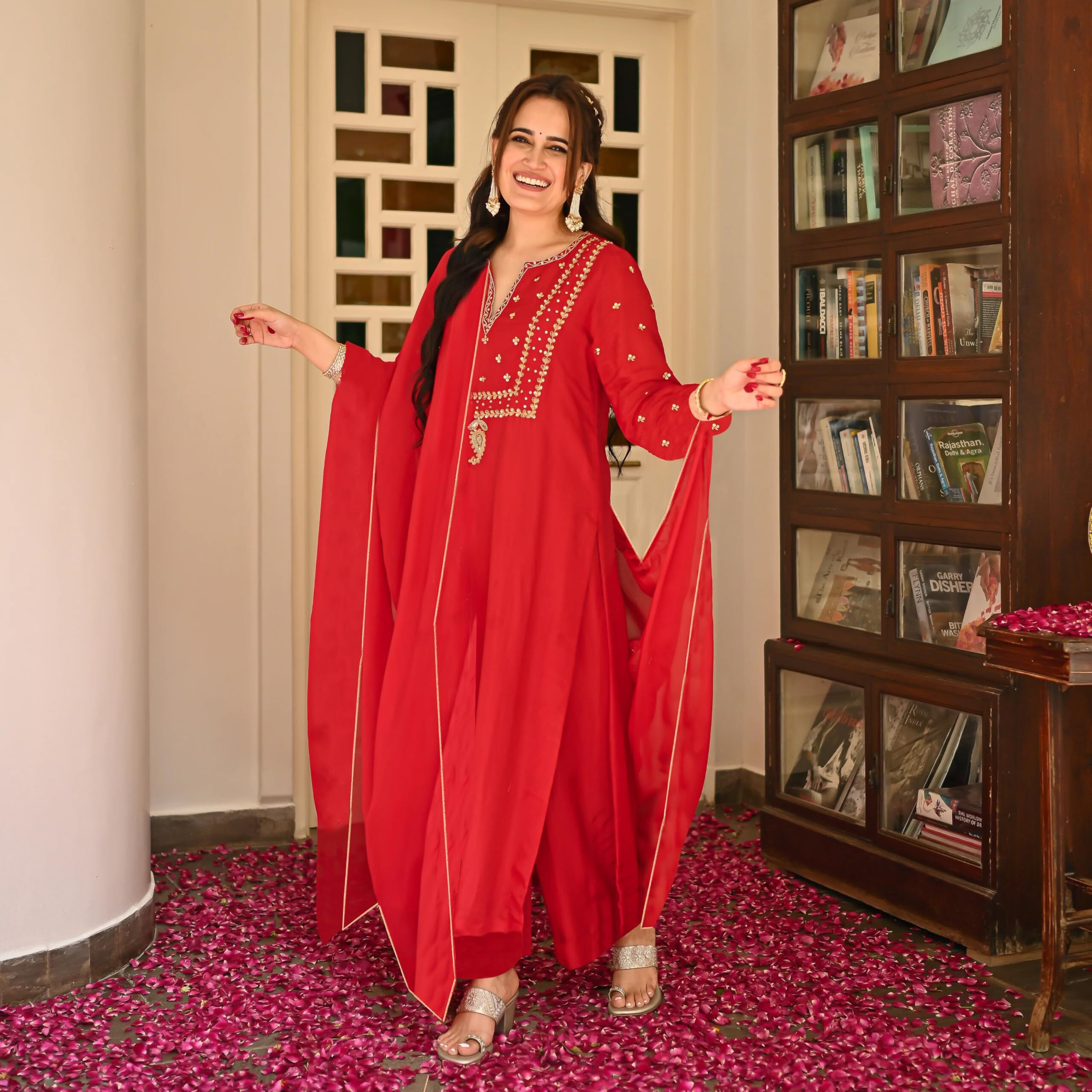 ANNI DESIGNER Women's Rayon Blend Straight Embroidered Kurta with Pant & Dupatta (SIMMU RED_XL_Red_X-Large)