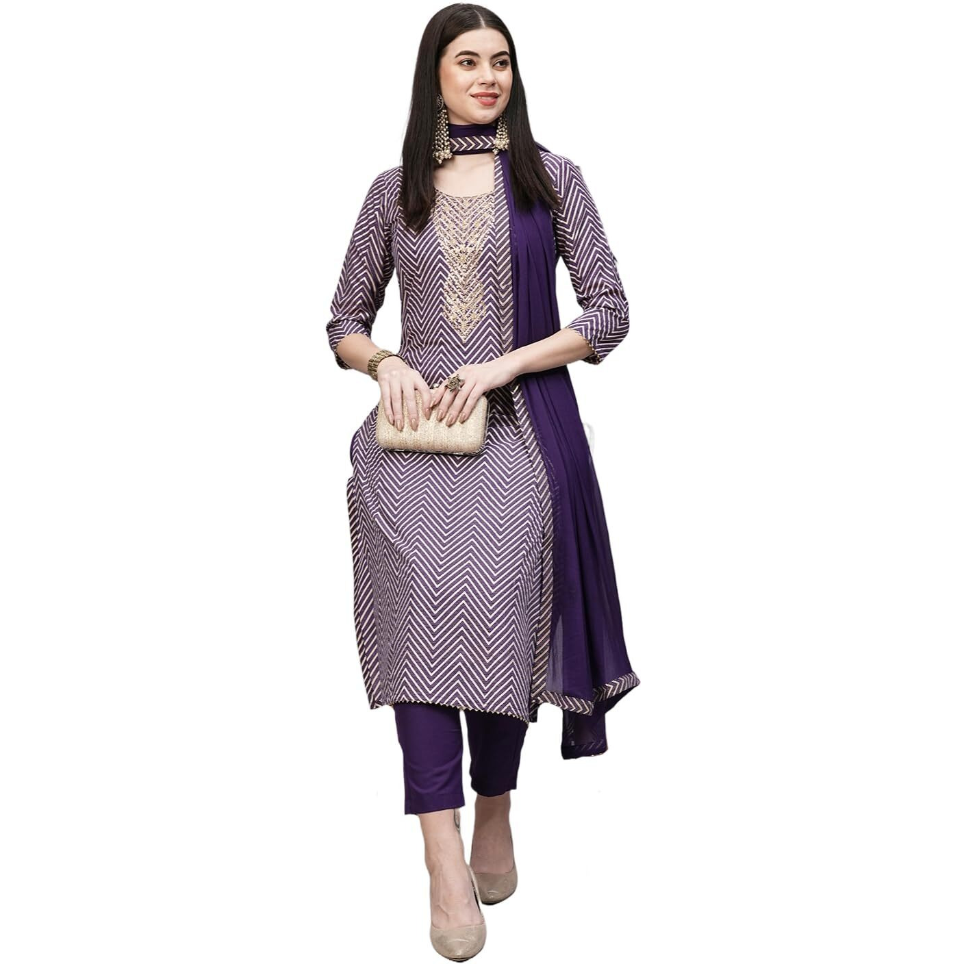 ANNI DESIGNER Women's Cotton Blend Straight Printed Kurta with Pant & Dupatta (DMPL BEGANI_S_Purple_Small)