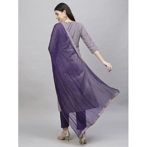 ANNI DESIGNER Women's Cotton Blend Straight Printed Kurta with Pant & Dupatta (DMPL BEGANI_S_Purple_Small)