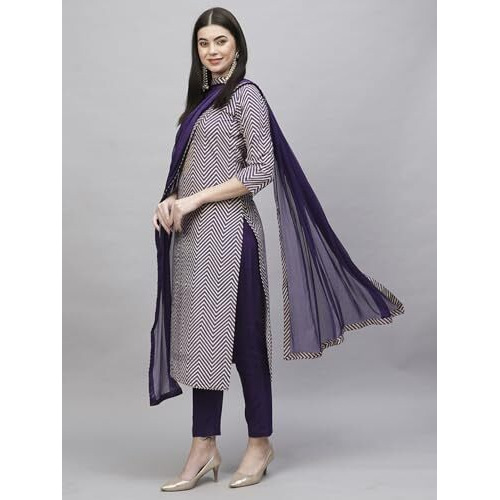 ANNI DESIGNER Women's Cotton Blend Straight Printed Kurta with Pant & Dupatta (DMPL BEGANI_S_Purple_Small)