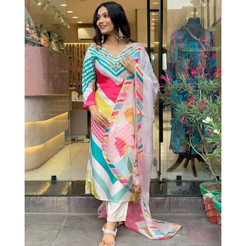 ANNI DESIGNER Women's Cotton Blend Straight Printed Kurta with Pant & Dupatta (Dhimi Pink_L_Pink_Large)