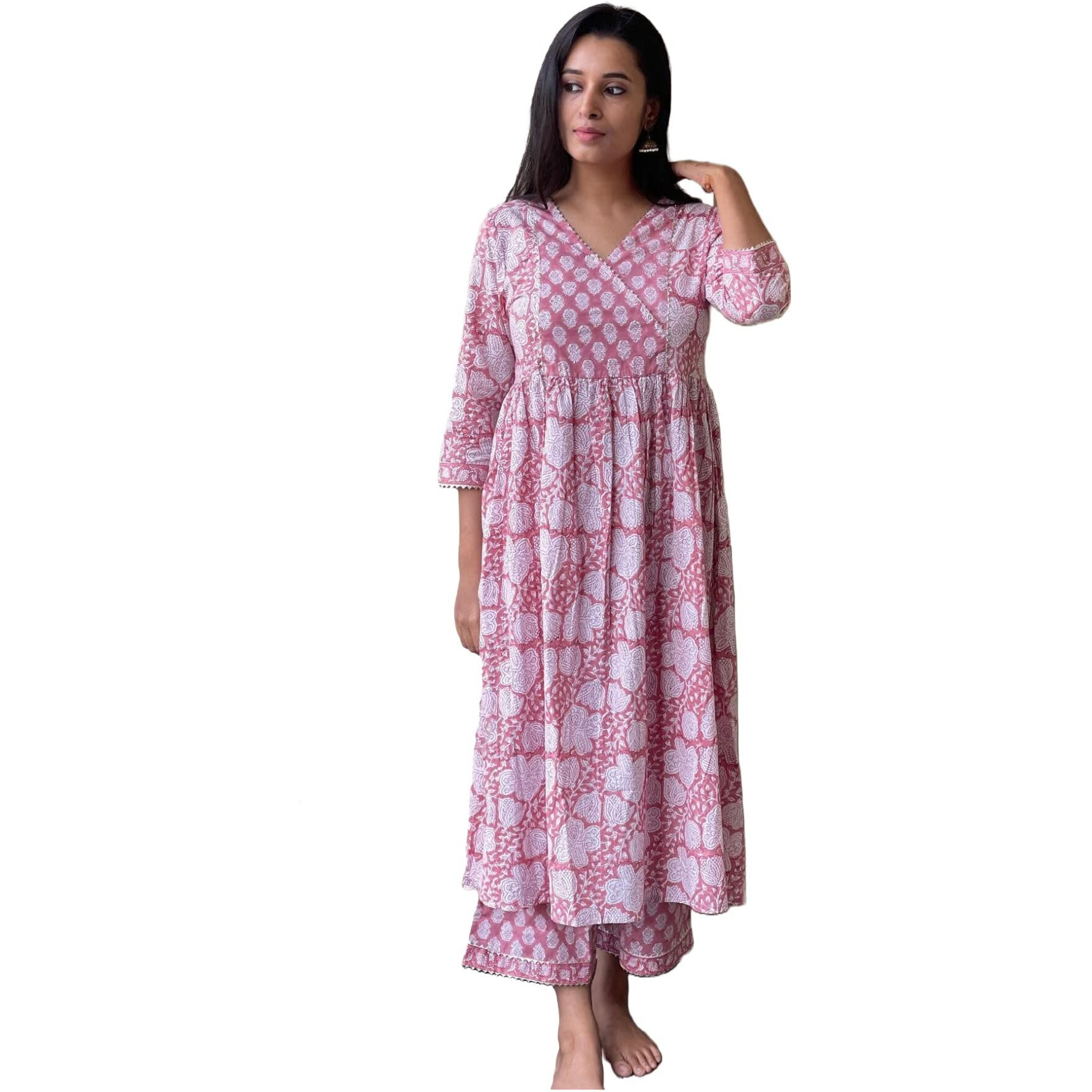 ANNI DESIGNER Women's Cotton Blend Beautiful Printed Stylish Anarkali Kurta with Pant (Devina Multi_XXL_Pink_XX-Large)