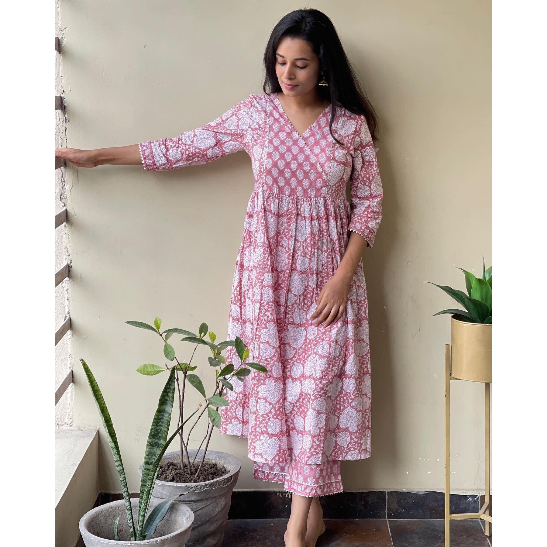 ANNI DESIGNER Women's Cotton Blend Beautiful Printed Stylish Anarkali Kurta with Pant (Devina Multi_XXL_Pink_XX-Large)
