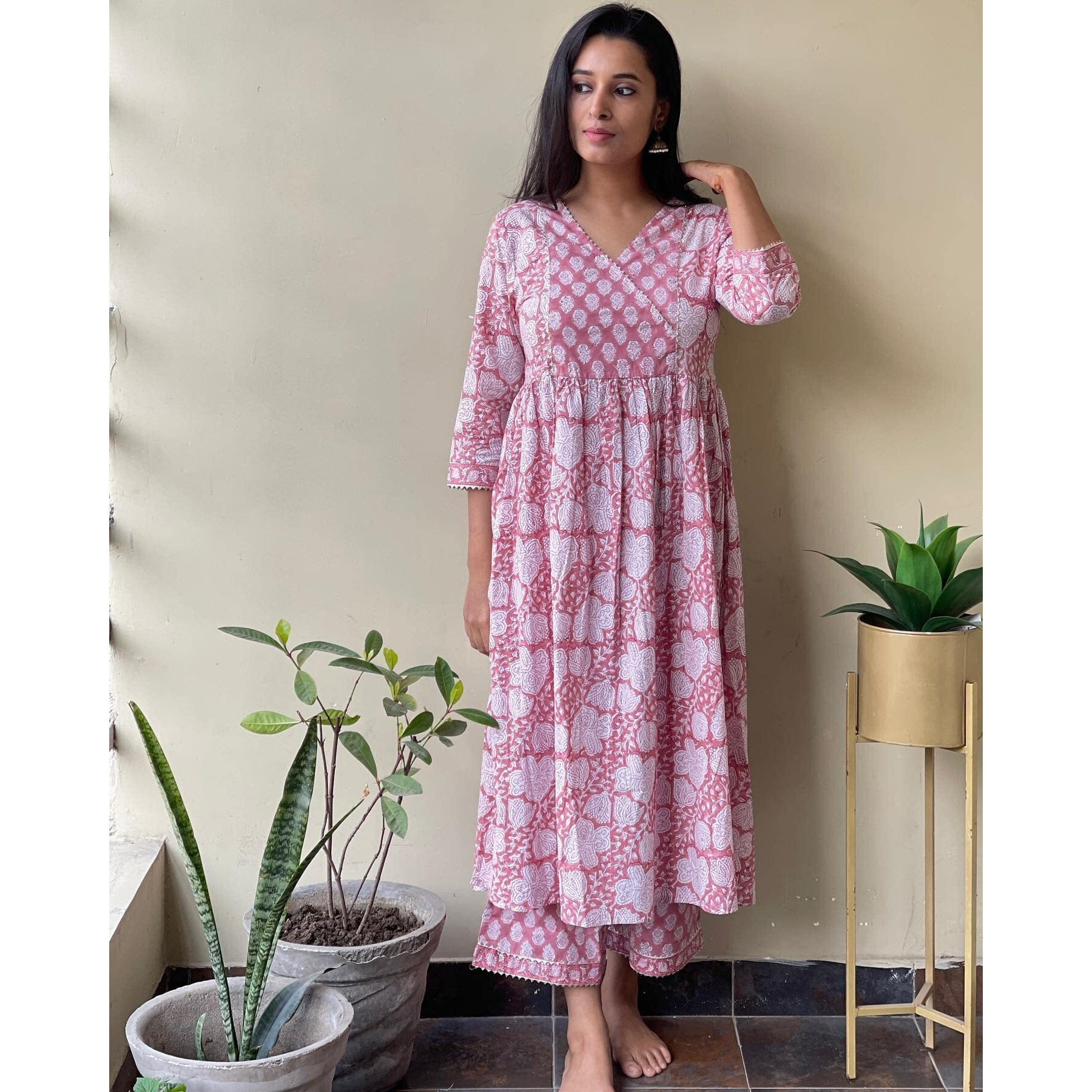 ANNI DESIGNER Women's Cotton Blend Beautiful Printed Stylish Anarkali Kurta with Pant (Devina Multi_XXL_Pink_XX-Large)