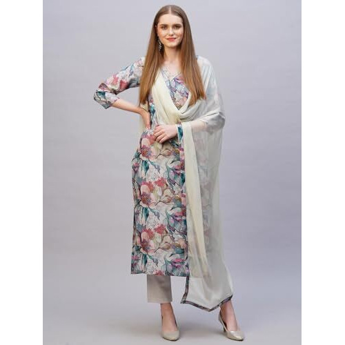 ANNI DESIGNER Women's Rayon Blend Printed Straight Kurta with Pant & Dupatta (Habibi Grey-NB_S_Grey_Small)