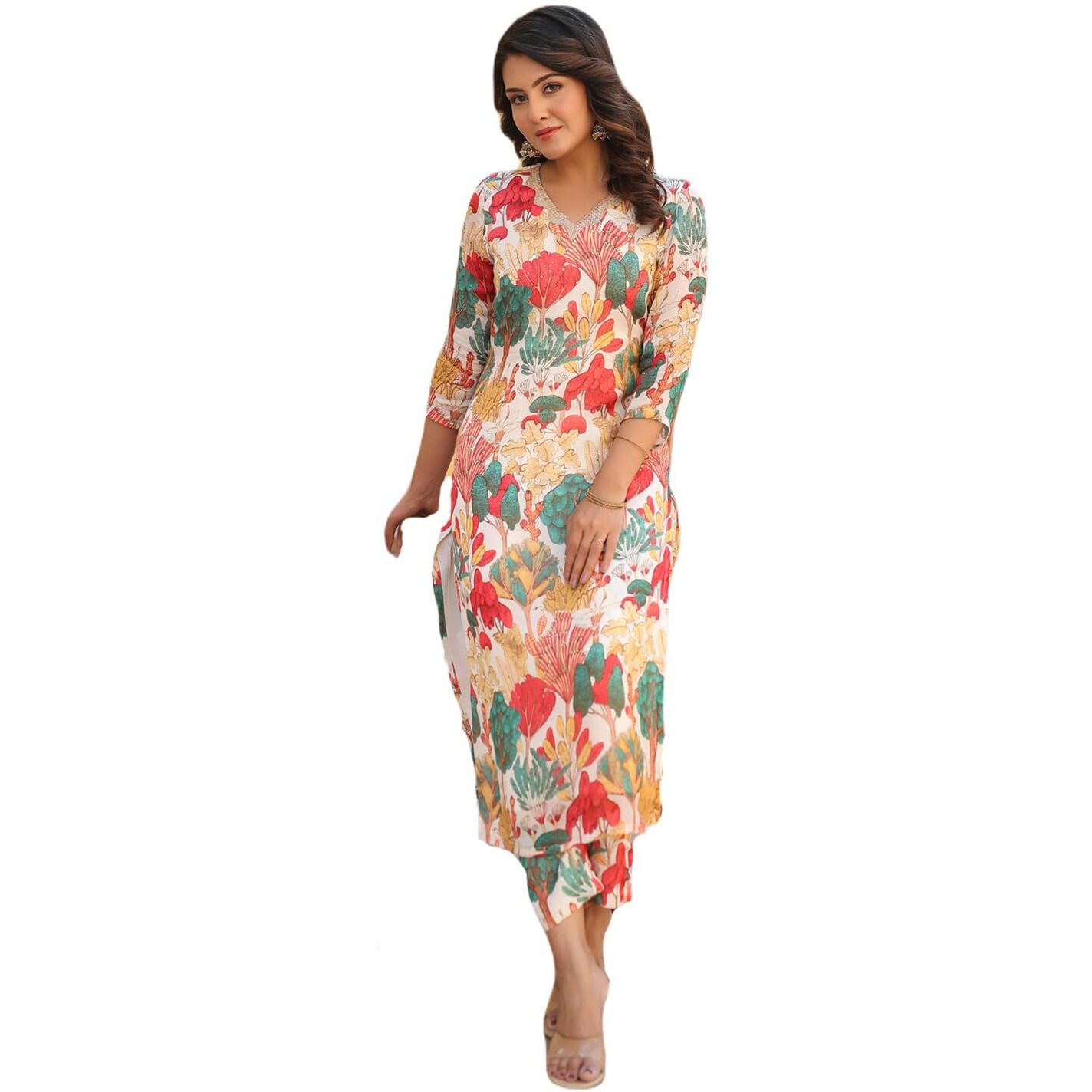 ANNI DESIGNER Women's Rayon Blend Straight Fit Printed Kurta with Pant (Samlok White_XL_White_X-Large)