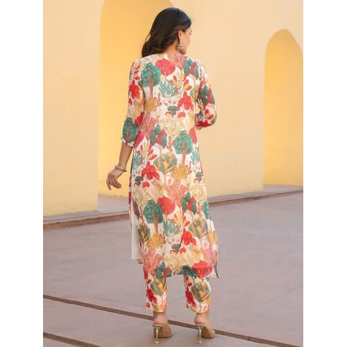 ANNI DESIGNER Women's Rayon Blend Straight Fit Printed Kurta with Pant (Samlok White_XL_White_X-Large)