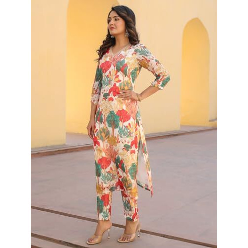 ANNI DESIGNER Women's Rayon Blend Straight Fit Printed Kurta with Pant (Samlok White_XL_White_X-Large)