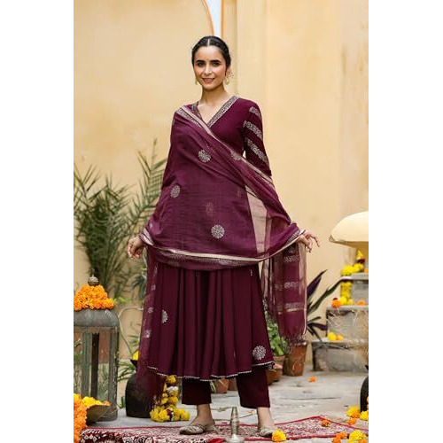 ANNI DESIGNER Women's Cotton Blend Printed Anarkali Kurta with Pant & Dupatta (Berlin Wine_M_Wine_Medium)