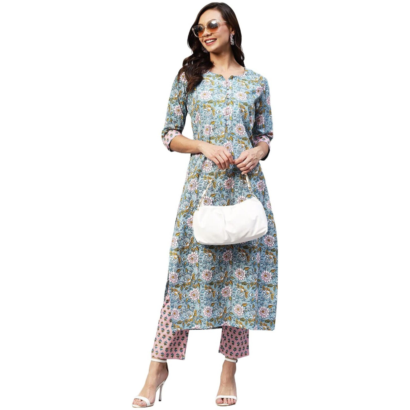 ANNI DESIGNER Women's Cotton Blend Straight Printed Kurta with Pant (Nampati) Blue