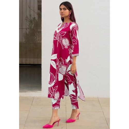 ANNI DESIGNER Women's Cotton Blend Straight Printed Kurta with Pant (ANAAR-Pink_XL_Pink_X-Large)
