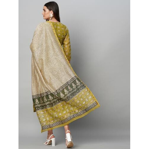 ANNI DESIGNER Women's Cotton Blend Straight Printed Kurta with Pant & Dupatta (Stamp Green_XL_Green_X-Large)
