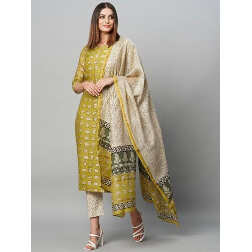 ANNI DESIGNER Women's Cotton Blend Straight Printed Kurta with Pant & Dupatta (Stamp Green_XL_Green_X-Large)