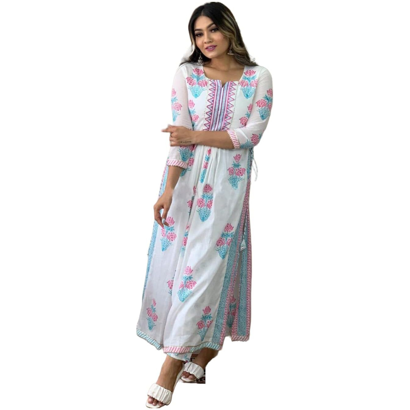 ANNI DESIGNER Women's Cotton Blend Printed Straight Kurta with Pant (Pupet White_3XL_White_XXX-Large)