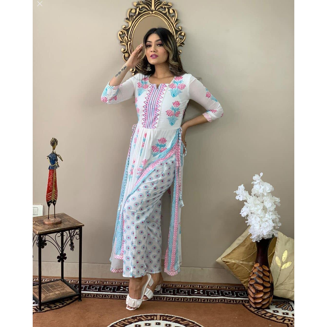 ANNI DESIGNER Women's Cotton Blend Printed Straight Kurta with Pant (Pupet White_3XL_White_XXX-Large)