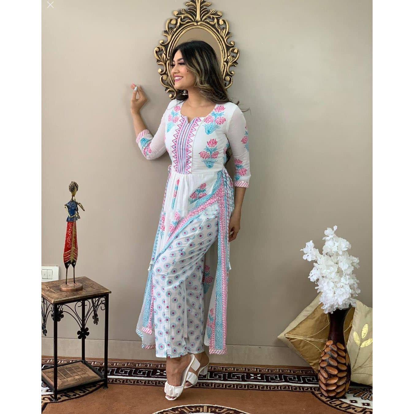 ANNI DESIGNER Women's Cotton Blend Printed Straight Kurta with Pant (Pupet White_3XL_White_XXX-Large)