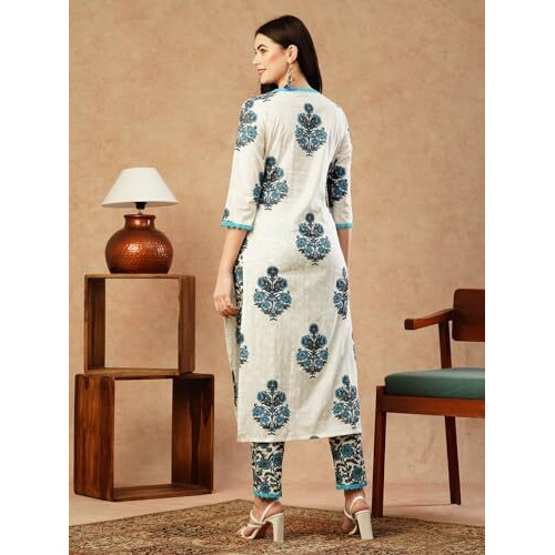 ANNI DESIGNER Women's Cotton Blend Straight Printed Kurta & Pant (Cheer White_M_White_Medium)