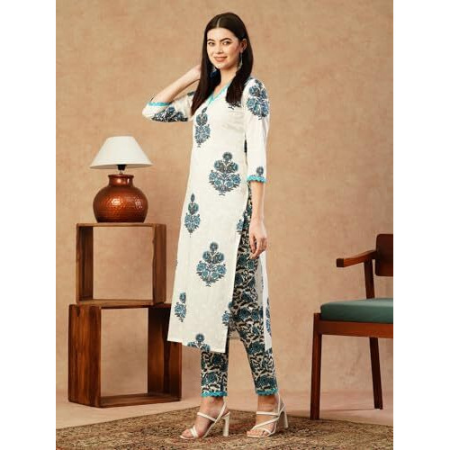 ANNI DESIGNER Women's Cotton Blend Straight Printed Kurta & Pant (Cheer White_M_White_Medium)