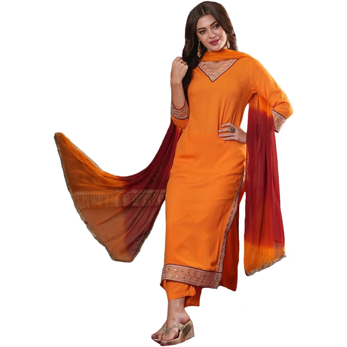 ANNI DESIGNER Women's Cotton Blend Straight Fit Embroidered Kurta with Pant & Dupatta (KUNNU Orange_M_Orange_Medium)