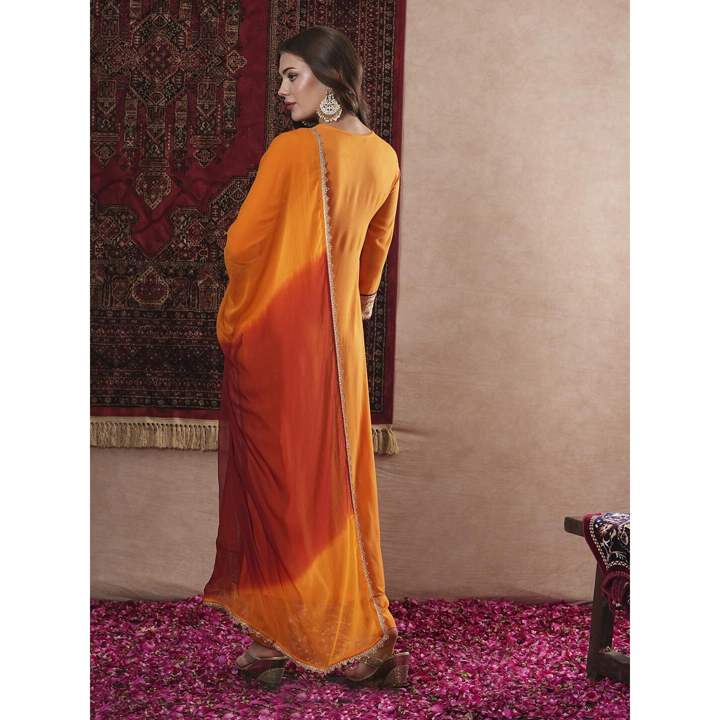 ANNI DESIGNER Women's Cotton Blend Straight Fit Embroidered Kurta with Pant & Dupatta (KUNNU Orange_M_Orange_Medium)