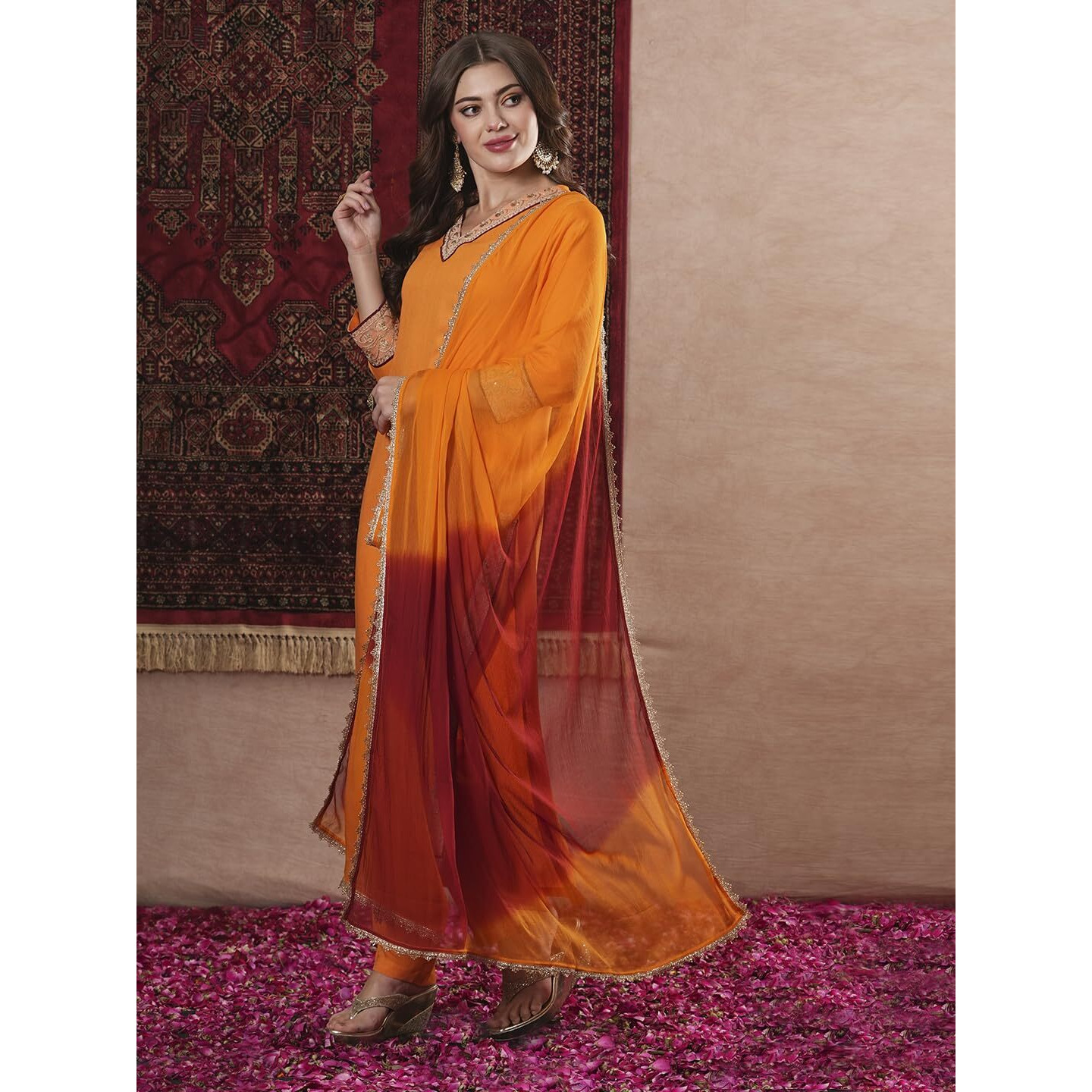 ANNI DESIGNER Women's Cotton Blend Straight Fit Embroidered Kurta with Pant & Dupatta (KUNNU Orange_M_Orange_Medium)