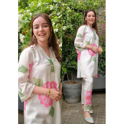 ANNI DESIGNER Women's Chanderi Cotton Straight Printed Co-Ord Set (Lace Cream Co-ord-NKL_S_Cream_Small)