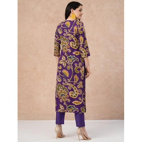 ANNI DESIGNER Women's Cotton Blend Regular Fit Straight Printed Kurta with Pant (Tinka Begani_S_Blue_Small)