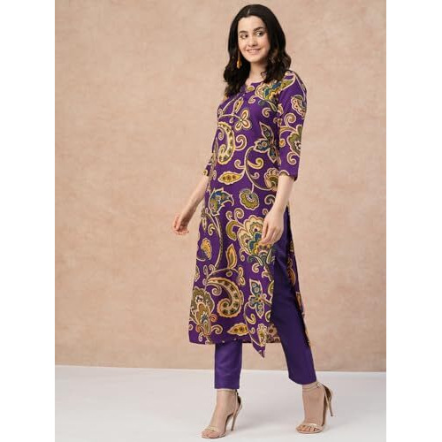 ANNI DESIGNER Women's Cotton Blend Regular Fit Straight Printed Kurta with Pant (Tinka Begani_S_Blue_Small)